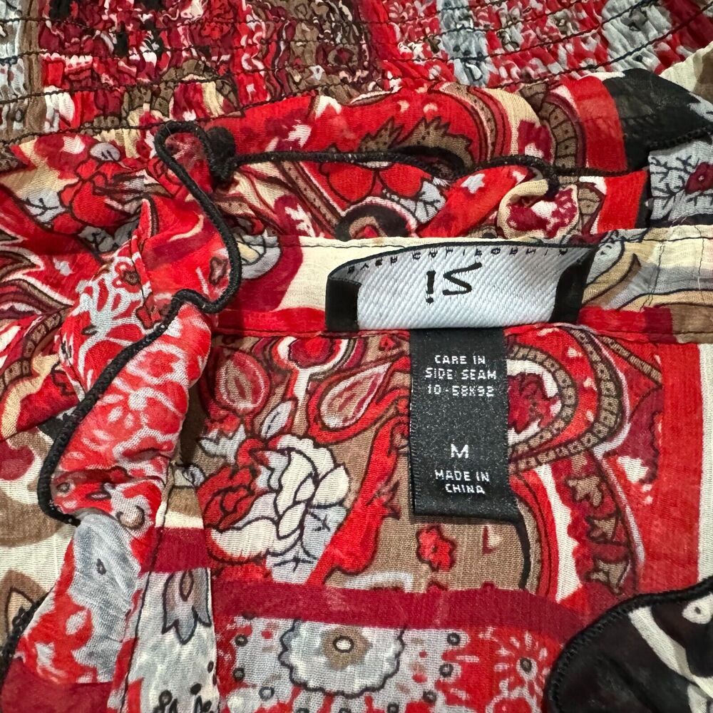 Iz Byer Blouse Sz M Black Multicolor Split Buttoned Neck Short Sleeve with Cami - Picture 6 of 8